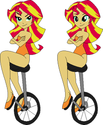 Size: 452x545 | Tagged: safe, artist:erichgrooms3, artist:selenaede, sunset shimmer, equestria girls, bare arms, bare shoulders, base used, clothes, crossed arms, cute, female, legs, leotard, raised eyebrow, sexy, shimmerbetes, shoes, simple background, sitting, smiling, smirk, solo, transparent background, unicycle, vector