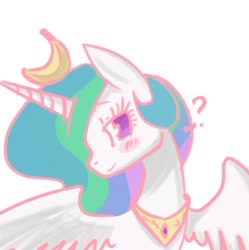 Size: 438x439 | Tagged: safe, artist:purrrfectartist, princess celestia, alicorn, pony, banana, blushing, female, food, jewelry, looking at you, mare, peytral, simple background, spread wings, white background