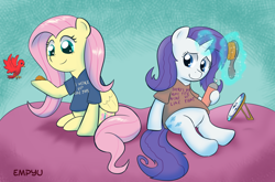 Size: 1000x661 | Tagged: safe, artist:empyu, fluttershy, rarity, bird, pegasus, pony, unicorn, bed mane, bird seed, brushie, clothes, mirror, t-shirt