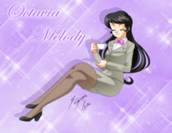 Size: 2786x2153 | Tagged: safe, artist:shinta-girl, derpibooru import, octavia melody, human, clothes, food, high heels, humanized, pantyhose, solo, tea