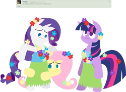 Size: 2761x2015 | Tagged: safe, artist:zacatron94, derpibooru import, fluttershy, rarity, twilight sparkle, twilight sparkle (alicorn), alicorn, pegasus, pony, unicorn, clothes, female, grass skirt, high res, hula, hulalight, hularity, hulashy, lei, mare, skirt