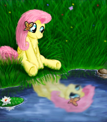 Size: 700x800 | Tagged: safe, artist:overlord103, fluttershy, pegasus, pony, cute, reflection, shyabetes, solo, water