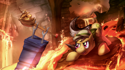 Size: 2048x1152 | Tagged: safe, artist:vest, derpibooru import, daring do, epic, lava, solo, twilight scepter, volcano, wallpaper