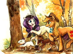Size: 938x686 | Tagged: safe, artist:kenket, applejack, opalescence, rarity, winona, earth pony, pony, unicorn, angry, autumn, boots, bow, clothes, dirty, eye contact, eyeshadow, female, floppy ears, forest, freckles, hat, lidded eyes, looking at each other, looking back, makeup, mare, nature, open mouth, raised hoof, raised leg, scarf, smiling, tongue out, traditional art, tree, walking