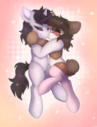 Size: 1513x1982 | Tagged: safe, artist:adostume, oc, oc only, oc:adostume, oc:nicolash, hybrid, panda, pony, unicorn, blank flank, blushing, clothes, couple, cute, digital art, eyes closed, female, glasses, happy, horn, hug, kissing, male, mare, nuzzling, romantic, shipping, simple background, smiling, socks, stallion, stockings, thigh highs