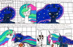 Size: 3396x2203 | Tagged: safe, artist:eternaljonathan, princess celestia, princess luna, oc, oc:nemo, alicorn, pony, comic:a new twist, badge, comic, female, horn ring, mare, plot, royal sisters, traditional art