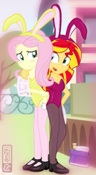 Size: 467x854 | Tagged: safe, artist:dm29, color edit, edit, editor:bandgeek32, fluttershy, sunset shimmer, equestria girls, bunny suit, clothes, colored, pantyhose