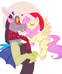 Size: 760x900 | Tagged: dead source, safe, artist:metalmane, discord, fluttershy, pegasus, pony, blushing, clothes, discoshy, female, happy holidays, hat, kissing, male, scarf, shipping, straight