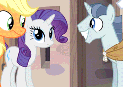 Size: 384x271 | Tagged: safe, screencap, applejack, double diamond, party favor, rarity, earth pony, pony, unicorn, the cutie map, animated, awkward, creepy, eye contact, eyes on the prize, frown, grin, looking at each other, looking away, nervous, smiling, squee, stepford smiler, uncomfortable