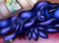 Size: 1280x930 | Tagged: safe, artist:calena, princess celestia, princess luna, alicorn, pony, patreon, patreon logo, royal sisters, signature, sleeping, smiling, solo