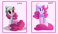 Size: 1024x605 | Tagged: safe, artist:lolepopenon, pinkie pie, earth pony, pony, clothes, comparison, cute, draw this again, hat, scarf, solo