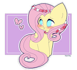 Size: 1100x1000 | Tagged: safe, artist:pearlmethvst, fluttershy, butterfly, pegasus, pony, blushing, chibi, cute, floral head wreath, shyabetes, solo