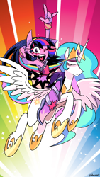 Size: 720x1280 | Tagged: safe, artist:gashi-gashi, edit, princess celestia, twilight sparkle, pony, equestria girls, shake your tail, cropped, devil horn (gesture), duo, humans riding ponies, phone wallpaper, riding, unamused
