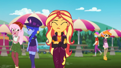 Size: 1920x1080 | Tagged: safe, screencap, raspberry lilac, scribble dee, space camp (character), sunset shimmer, better together, equestria girls, sunset's backstage pass!, angry, bandana, clothes, crossed arms, female, frustrated, frustration, fry lilac, geode of empathy, hat, magical geodes, male, outdoors, shorts, umbrella