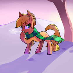 Size: 500x500 | Tagged: safe, artist:pan, applejack, earth pony, pony, clothes, pixiv, scarf, snow, solo