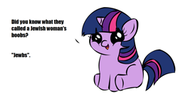 Size: 1194x668 | Tagged: safe, derpibooru import, twilight sparkle, pony, unicorn, dialogue, exploitable meme, female, filly, filly twilight sparkle, filly twilight telling an offensive joke, horn, looking at you, meme, multicolored mane, multicolored tail, obligatory pony, purple coat, simple background, sitting, smiling, solo, south park, talking to viewer, underhoof, vulgar, white background