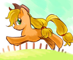 Size: 500x416 | Tagged: safe, artist:pan, applejack, earth pony, pony, jumping, pixiv, solo