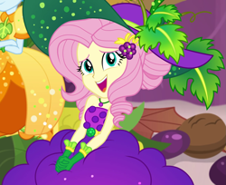 Size: 1325x1080 | Tagged: safe, derpibooru import, screencap, fluttershy, rainbow dash, better together, equestria girls, holidays unwrapped, bare shoulders, belt, clothes, cornucopia costumes, costume, cropped, cute, dress, female, food, geode of fauna, gloves, grapes, hairclip, hat, jewelry, leaf, looking at you, looking up at you, magical geodes, necklace, o come all ye squashful, shyabetes, sitting, sleeveless, smiling