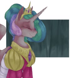 Size: 1280x1280 | Tagged: safe, artist:tey777, princess celestia, alicorn, pony, bust, clothes, dress, eyes closed, female, jewelry, mare, portrait, regalia, smiling, solo