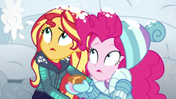 Size: 1920x1080 | Tagged: safe, screencap, pinkie pie, sunset shimmer, equestria girls, equestria girls series, holidays unwrapped, spoiler:eqg series (season 2), clothes, duo, female, jacket, mittens, ramekin, saving pinkie's pie, snow, snow fort, snowball fight, souffle, winter hat, winter jacket, winter outfit