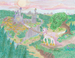 Size: 3272x2528 | Tagged: safe, artist:sonic-spatula, princess celestia, alicorn, pony, castle, cloud, female, mare, pink-mane celestia, scenery, solo, sun, traditional art, tree, younger