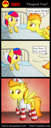 Size: 2000x5000 | Tagged: safe, artist:10art1, derpibooru import, spitfire, oc, oc:jayham, pegasus, pony, bed, canon x oc, clothes, floppy ears, frown, hospital, nurse, open mouth, raised hoof, smiling, socks, spread wings, stethoscope, striped socks