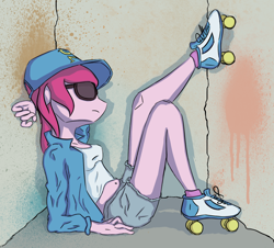 Size: 1460x1320 | Tagged: safe, anonymous artist, derpibooru exclusive, pinkie pie, anthro, alternate costumes, belly button, cap, clothes, graffiti, hat, midriff, roller skates, shorts, solo, sunglasses