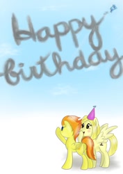 Size: 751x1063 | Tagged: safe, artist:cwossie, derpibooru import, fleetfoot, soarin', spitfire, anneli heed, birthday, birthday card, hat, party hat, skywriting, wonderbolts