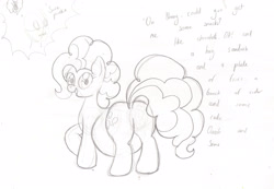 Size: 3484x2412 | Tagged: safe, artist:seenty, pinkie pie, oc, oc:anon, earth pony, pony, dialogue, female, mare, pencil drawing, preggy pie, pregnant, solo focus, traditional art