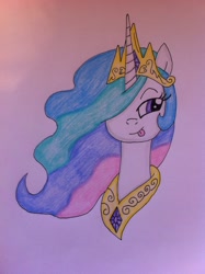 Size: 1024x1371 | Tagged: safe, artist:infernapelover, princess celestia, alicorn, pony, bust, crown, cute, female, jewelry, mare, peytral, portrait, regalia, sillestia, silly, simple background, solo, tongue out, traditional art, white background