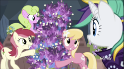 Size: 1324x740 | Tagged: safe, screencap, daisy, flower wishes, lily, lily valley, rarity, roseluck, earth pony, pony, unicorn, it isn't the mane thing about you, alternate hairstyle, discovery family logo, female, flower trio, lavender, mare, raripunk