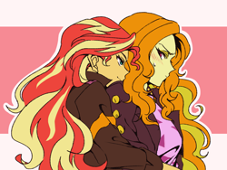 Size: 1600x1200 | Tagged: safe, artist:raika0306, adagio dazzle, sunset shimmer, equestria girls, blushing, female, hug, hug from behind, lesbian, shipping, sunsagio