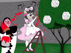 Size: 3000x2220 | Tagged: safe, artist:avchonline, derpibooru import, octavia melody, anthro, alice in wonderland, bloomers, card, clothes, disney, dress, evening gloves, feminism, flower, gloves, hair bow, ladder, makeup, mary janes, music notes, paint, painting, pantyhose, petticoat, pinafore, ribbon, rose, ruffles, scene interpretation, stockings, sweet lolita