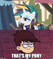 Size: 500x556 | Tagged: safe, edit, edited screencap, screencap, rarity, pony, unicorn, it isn't the mane thing about you, alternate hairstyle, female, image macro, luna loud, mare, meme, raripunk, solo, that's my pony, that's my x, the loud house