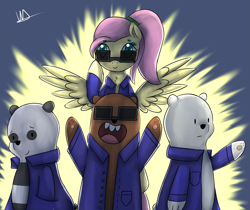 Size: 4467x3758 | Tagged: safe, artist:wolfy-pony, fluttershy, pegasus, pony, absurd resolution, cartoon network, clothes, crossover, grizzly, ice bear, jacket, open mouth, panda (we bare bears), signature, smiling, spread wings, sunglasses, we bare bears