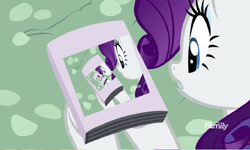 Size: 2500x1500 | Tagged: safe, edit, edited screencap, screencap, rarity, pony, unicorn, it isn't the mane thing about you, discovery family logo, droste effect, female, inception, magazine cover rarity, mare, meme, recursion, solo