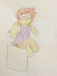 Size: 772x1034 | Tagged: safe, artist:snipiper, sunset shimmer, pony, unicorn, but why, female, solo, stuck, toilet, traditional art