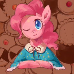 Size: 750x750 | Tagged: safe, artist:hanada, pinkie pie, earth pony, pony, clothes, cute, diapinkes, female, mare, one eye closed, smiling, solo, wink