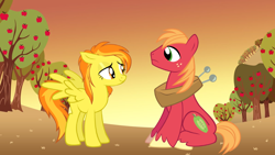 Size: 1192x670 | Tagged: safe, derpibooru import, big macintosh, spitfire, earth pony, pegasus, pony, bedroom eyes, crack shipping, female, macinfire, male, mare, shipping, sitting, spread wings, stallion, straight, sunset, unshorn fetlocks, wings