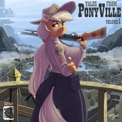 Size: 900x900 | Tagged: safe, alternate version, artist:kevinsano, derpibooru import, applejack, anthro, applebutt, applerack, big breasts, breasts, clothes, female, finger gun, guard tower, gun, hat, huge breasts, looking at you, looking back, pants, patreon, police, police uniform, smiling, solo, tales from ponyville, trigger discipline, walkie talkie, weapon