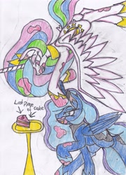 Size: 2425x3366 | Tagged: safe, artist:cuddlelamb, princess celestia, princess luna, alicorn, pony, cake, duo, ear fluff, epic battle, fight, food, frosting, gritted teeth, majestic as fuck, messy, plate, sibling rivalry, simple background, stain, traditional art, white background