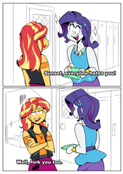 Size: 1013x1432 | Tagged: safe, artist:cassettepunk, rarity, sunset shimmer, equestria girls, clothes, comic, crossed arms, dialogue, female, the good place