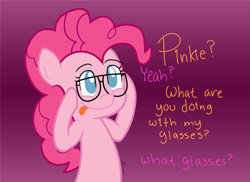 Size: 2017x1469 | Tagged: safe, artist:iwuvda3nd3rmanz, pinkie pie, earth pony, pony, dialogue, glasses, question, silly, silly pony, solo, tongue out