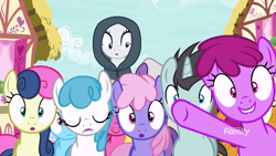 Size: 1920x1080 | Tagged: safe, screencap, berry punch, berryshine, bon bon, carrot top, cherry berry, golden harvest, lightning bolt, linky, neon lights, rainbowshine, rarity, rising star, shoeshine, sweetie drops, white lightning, earth pony, pony, unicorn, it isn't the mane thing about you, cloak, clothes, discovery family logo, female, lip bite, male, mare, stallion