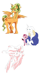 Size: 1500x2762 | Tagged: safe, artist:pikokko, applejack, prince blueblood, princess celestia, oc, alicorn, hybrid, pony, alicornified, alternate hairstyle, bald, crying, dying, female, interspecies offspring, liver spots, mare, multicolored mane, offspring, older, parent:lord tirek, parent:pinkie pie, parents:tirekpie, princess applejack, race swap, sad, sorrow, unshorn fetlocks, woe