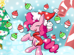 Size: 1024x768 | Tagged: safe, artist:shujiwakahisaa, pinkie pie, earth pony, pony, 12 days of christmas, candy, candy cane, christmas, christmas tree, cupcake, cute, diapinkes, eyes closed, food, hat, hearth's warming eve, holiday, santa hat, snow, snowfall, solo, tree, twelve days of christmas, winter