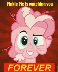 Size: 1064x1320 | Tagged: safe, artist:tdotbabs, pinkie pie, earth pony, pony, fallout equestria, creepy, elderly, fanfic, fanfic art, female, floppy ears, forever, looking at you, mare, ministry mares, ministry of morale, older, pinkie pie is watching you, poster, propaganda, smiling, solo, teeth, text