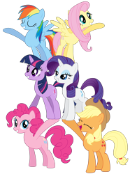 Size: 6000x8062 | Tagged: safe, artist:ready2fail, derpibooru import, applejack, fluttershy, pinkie pie, rainbow dash, rarity, twilight sparkle, unicorn twilight, earth pony, pegasus, pony, unicorn, games ponies play, .ai available, .svg available, absurd resolution, eyes closed, female, greeting, holding a pony, lidded eyes, mane six, mare, open mouth, pony pile, pony pyramid, raised hoof, simple background, smiling, tower of pony, transparent background, vector