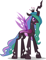 Size: 6800x9000 | Tagged: safe, artist:limedazzle, princess celestia, queen chrysalis, alicorn, changeling, changeling queen, absurd resolution, alternate universe, colored pupils, crown, fangs, female, fusion, hair over one eye, hissing, horn, insect wings, jagged horn, jewelry, mare, multicolored mane, multicolored tail, princess chryslestia, purple changeling, regalia, simple background, solo, transparent background, vector