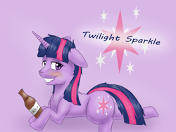 Size: 1600x1200 | Tagged: safe, artist:hot headed clover, derpibooru import, twilight sparkle, unicorn twilight, pony, unicorn, alcohol, blushing, drunk, drunk twilight, grin, smiling, solo